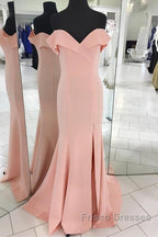 Pretty Blush Pink Mermaid V-Neck Off Shoulder Formal Prom Dress Long