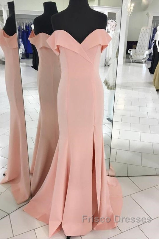 Pretty Blush Pink Mermaid V-Neck Off Shoulder Formal Prom Dress Long