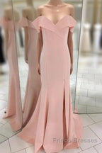 Pretty Blush Pink Mermaid V-Neck Off Shoulder Formal Prom Dress Long