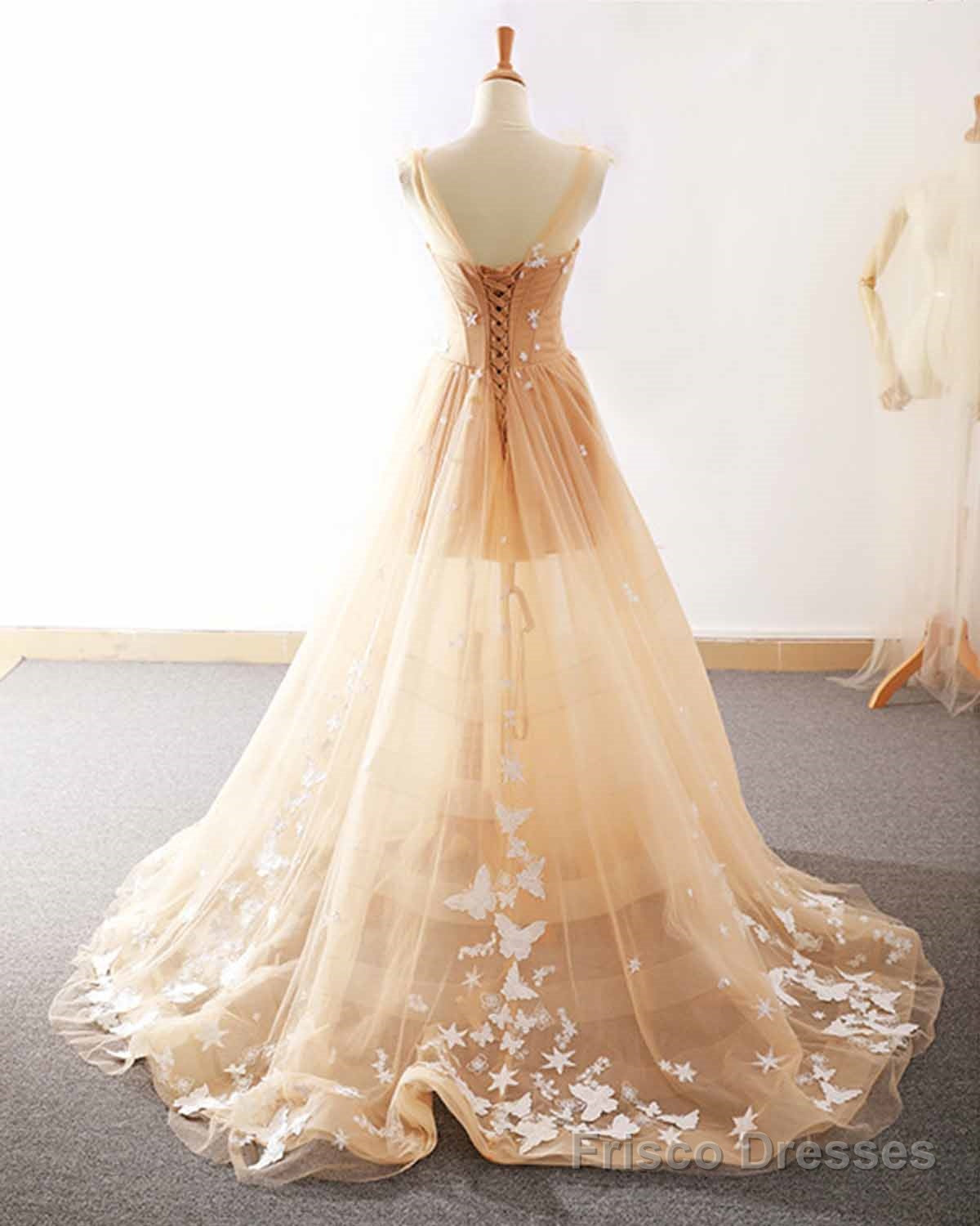 Pretty Champagne Straps Custom Tulle Party Dress, Lace Applique Formal Dress Main image