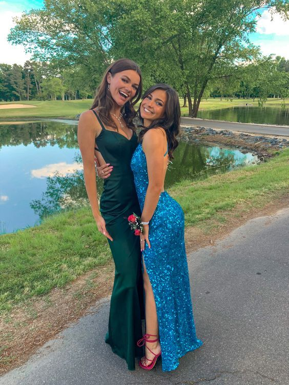 Dark Green New Backless Satin Floor Length Long Prom Dress