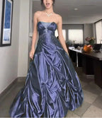 Pretty Forest Green A-Line Long Prom Dresses With Silver Beads Sweet Strapless Satin Evening Dresses