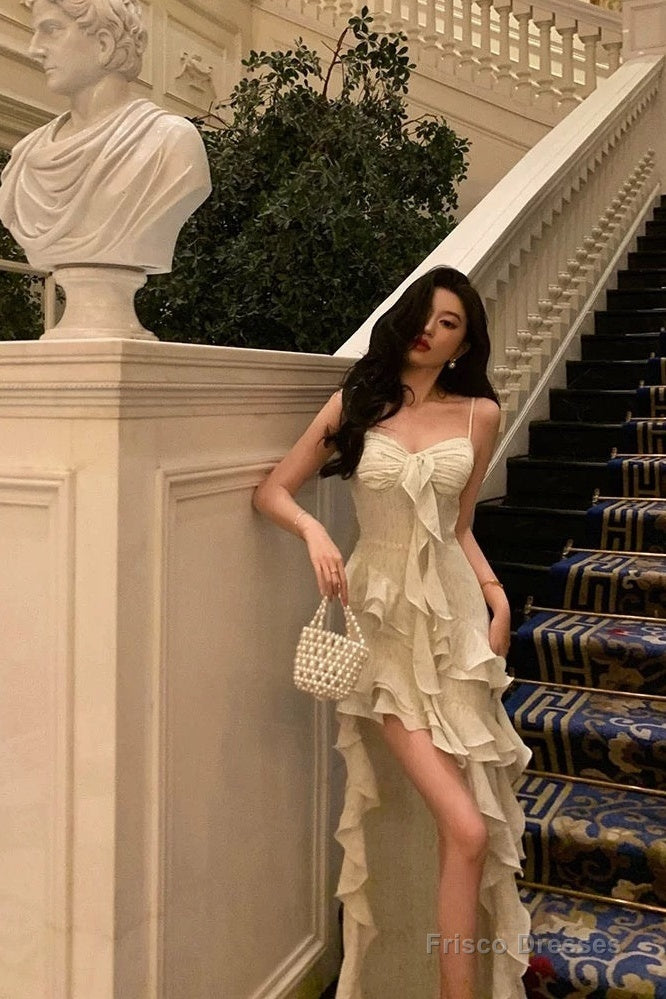 Pretty High Low Spaghetti Straps Ruffles Prom Dresses Birthday Outfits