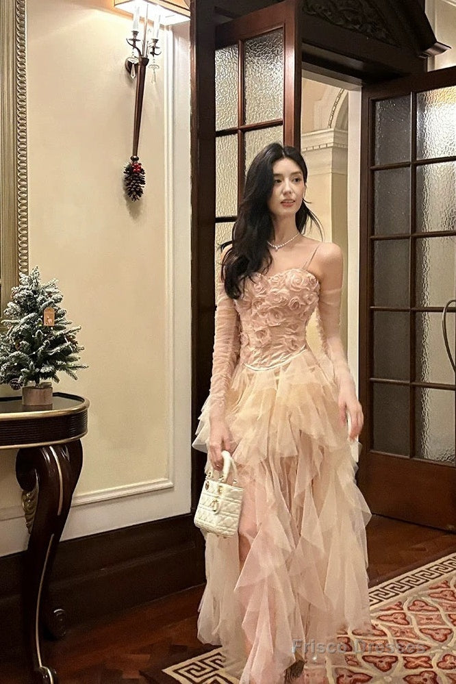 Pretty High Low Spaghetti Straps Tulle Pink Floral Ankle Length Evening Dress Prom Dresses Main image