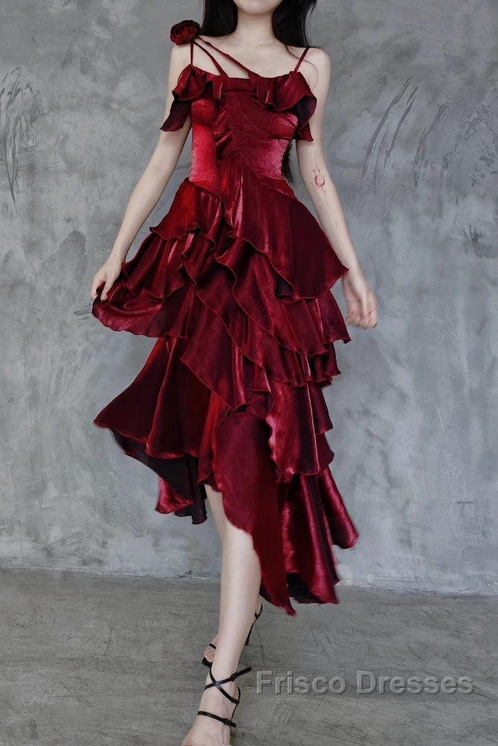 Pretty Irregular Ruffled Spaghetti Straps Burgundy Formal Prom Dress With Detachable Rose Long Birthday Dress For Women