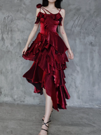Pretty Irregular Ruffled Spaghetti Straps Burgundy Prom Dresses With Detachable Rose Long Birthday Dress For Women