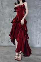 Pretty Irregular Ruffled Spaghetti Straps Burgundy Formal Prom Dress With Detachable Rose Long Birthday Dress For Women