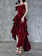 Pretty Irregular Ruffled Spaghetti Straps Burgundy Prom Dresses With Detachable Rose Long Birthday Dress For Women