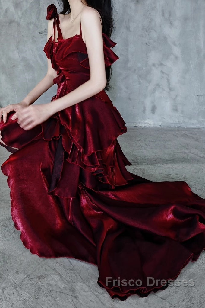 Pretty Irregular Ruffled Spaghetti Straps Burgundy Formal Prom Dress With Detachable Rose Long Birthday Dress For Women