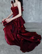 Pretty Irregular Ruffled Spaghetti Straps Burgundy Prom Dresses With Detachable Rose Long Birthday Dress For Women