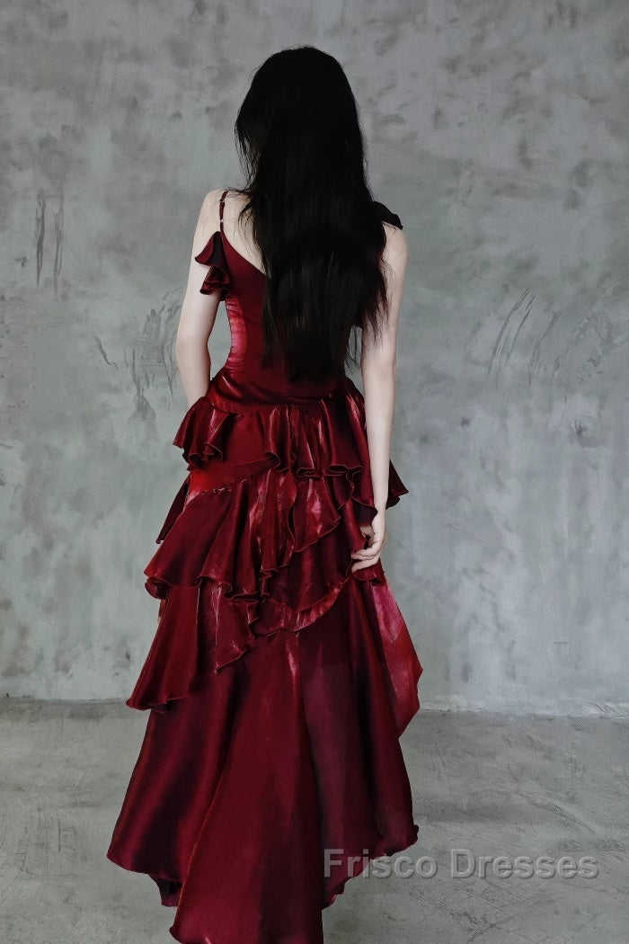 Pretty Irregular Ruffled Spaghetti Straps Burgundy Formal Prom Dress With Detachable Rose Long Birthday Dress For Women