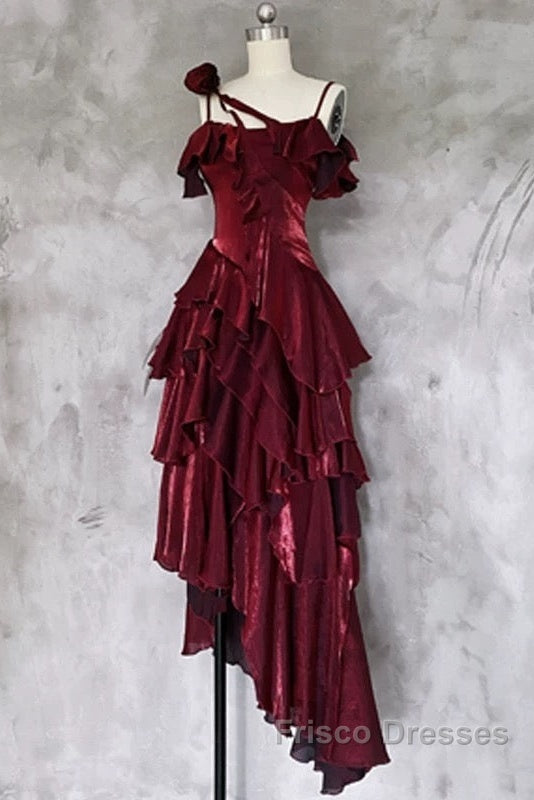 Pretty Irregular Ruffled Spaghetti Straps Burgundy Formal Prom Dress With Detachable Rose Long Birthday Dress For Women
