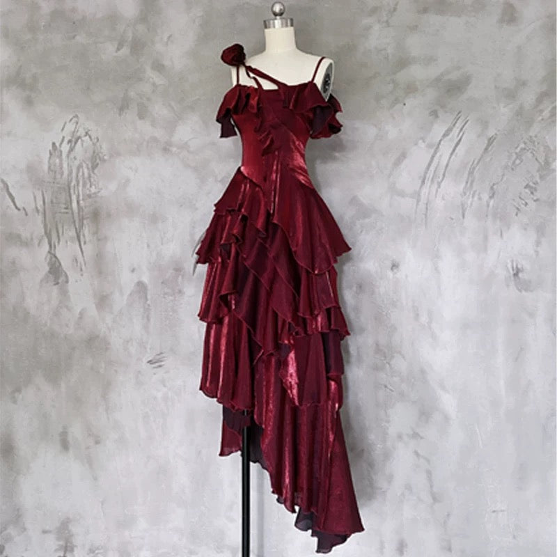 Pretty Irregular Ruffled Spaghetti Straps Burgundy Prom Dresses With Detachable Rose Long Birthday Dress For Women Main image