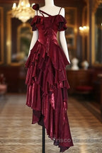 Pretty Irregular Ruffled Spaghetti Straps Burgundy Formal Prom Dress With Detachable Rose Long Birthday Dress For Women
