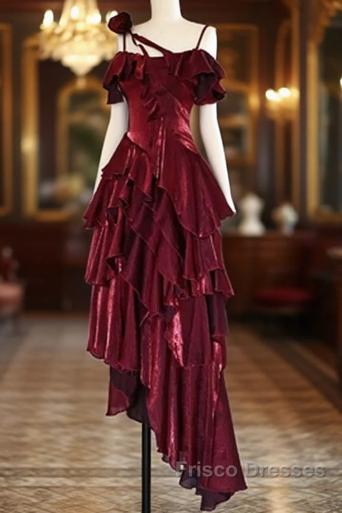 Pretty Irregular Ruffled Spaghetti Straps Burgundy Formal Prom Dress With Detachable Rose Long Birthday Dress For Women