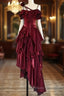 Pretty Irregular Ruffled Spaghetti Straps Burgundy Formal Prom Dress With Detachable Rose Long Birthday Dress For Women