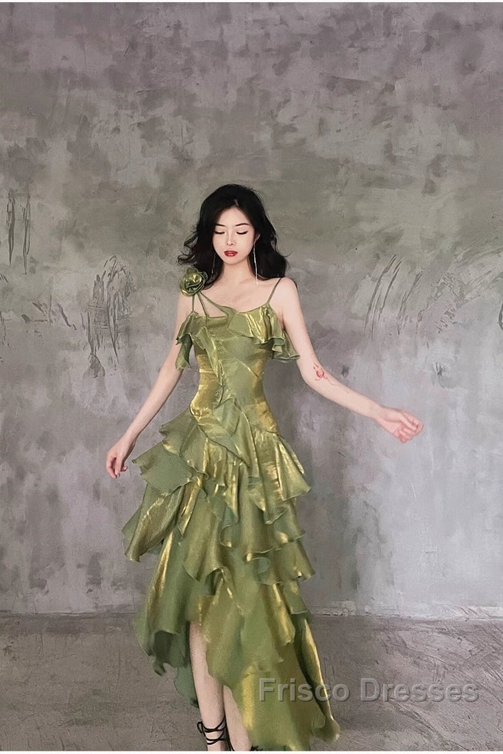 Pretty Irregular Ruffled Spaghetti Straps Green Formal Prom Dress With Detachable Rose Long Birthday Dress For Women Secondary image
