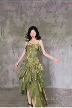 Pretty Irregular Ruffled Spaghetti Straps Green Formal Prom Dress With Detachable Rose Long Birthday Dress For Women