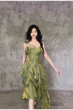 Pretty Irregular Ruffled Spaghetti Straps Green Formal Prom Dress With Detachable Rose Long Birthday Dress For Women
