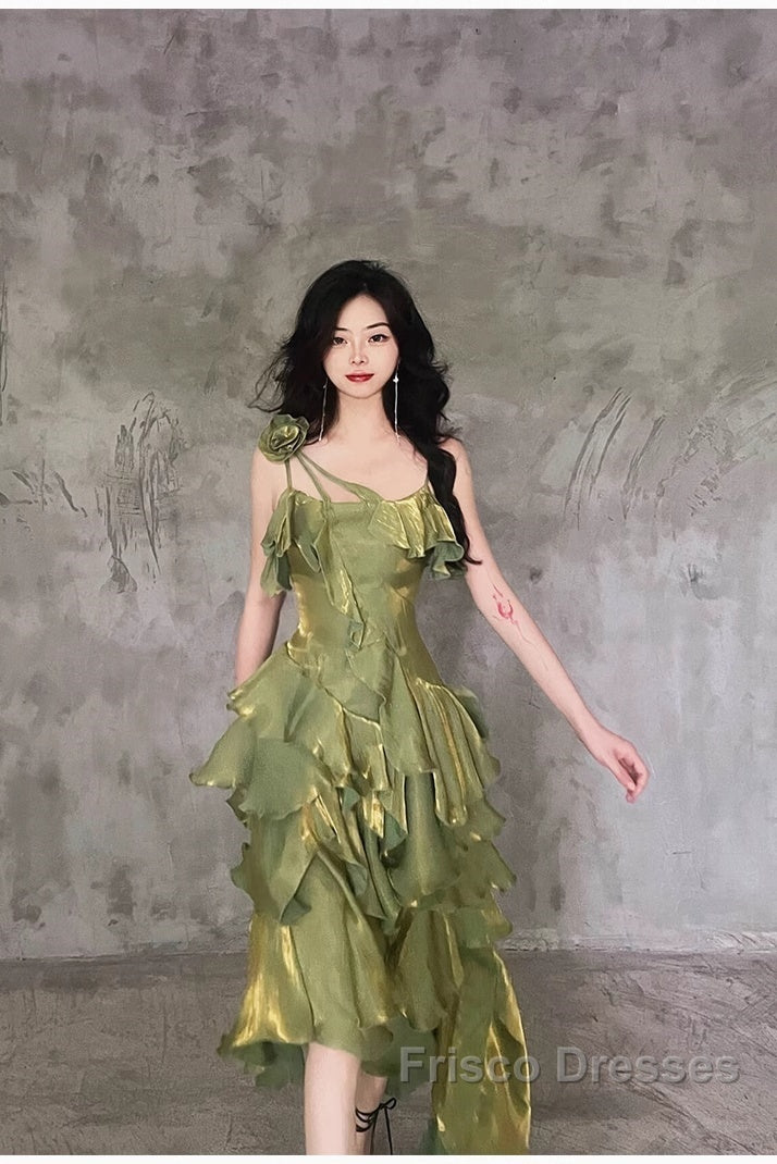 Pretty Irregular Ruffled Spaghetti Straps Green Formal Prom Dress With Detachable Rose Long Birthday Dress For Women
