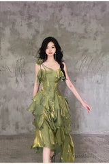Pretty Irregular Ruffled Spaghetti Straps Green Prom Dresses With Detachable Rose Long Birthday Dress For Women