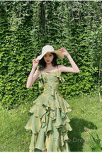 Pretty Irregular Ruffled Spaghetti Straps Green Formal Prom Dress With Detachable Rose Long Birthday Dress For Women