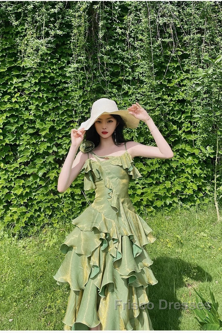 Pretty Irregular Ruffled Spaghetti Straps Green Formal Prom Dress With Detachable Rose Long Birthday Dress For Women