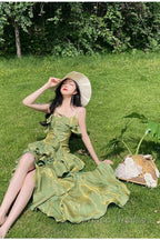 Pretty Irregular Ruffled Spaghetti Straps Green Formal Prom Dress With Detachable Rose Long Birthday Dress For Women
