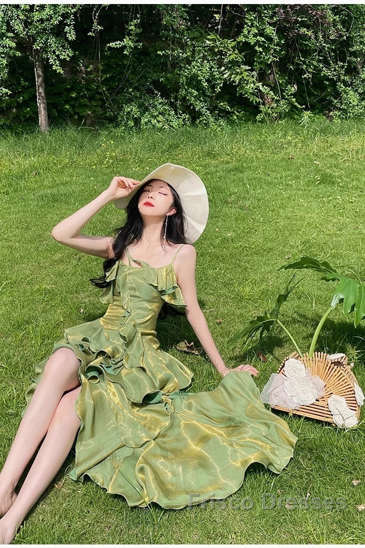 Pretty Irregular Ruffled Spaghetti Straps Green Formal Prom Dress With Detachable Rose Long Birthday Dress For Women