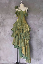 Pretty Irregular Ruffled Spaghetti Straps Green Formal Prom Dress With Detachable Rose Long Birthday Dress For Women