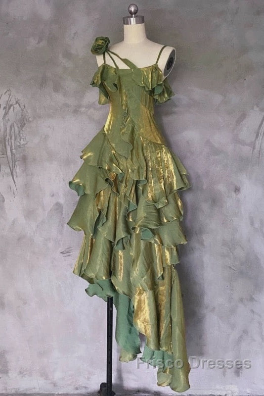 Pretty Irregular Ruffled Spaghetti Straps Green Formal Prom Dress With Detachable Rose Long Birthday Dress For Women