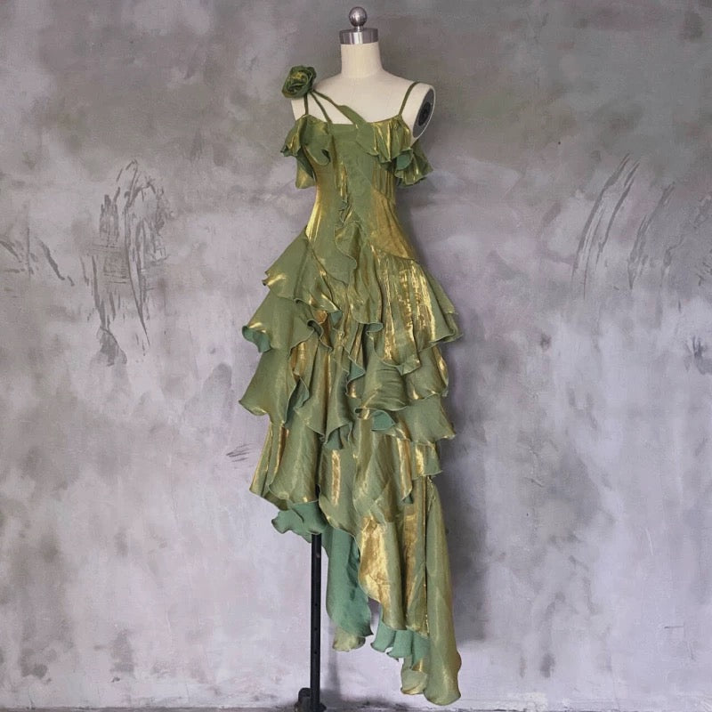 Pretty Irregular Ruffled Spaghetti Straps Green Prom Dresses With Detachable Rose Long Birthday Dress For Women Main image