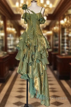 Pretty Irregular Ruffled Spaghetti Straps Green Formal Prom Dress With Detachable Rose Long Birthday Dress For Women