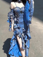 Pretty Sheath Irregular Ruffled Spaghetti Straps Women'S Blue Long Birthday Party Dresses