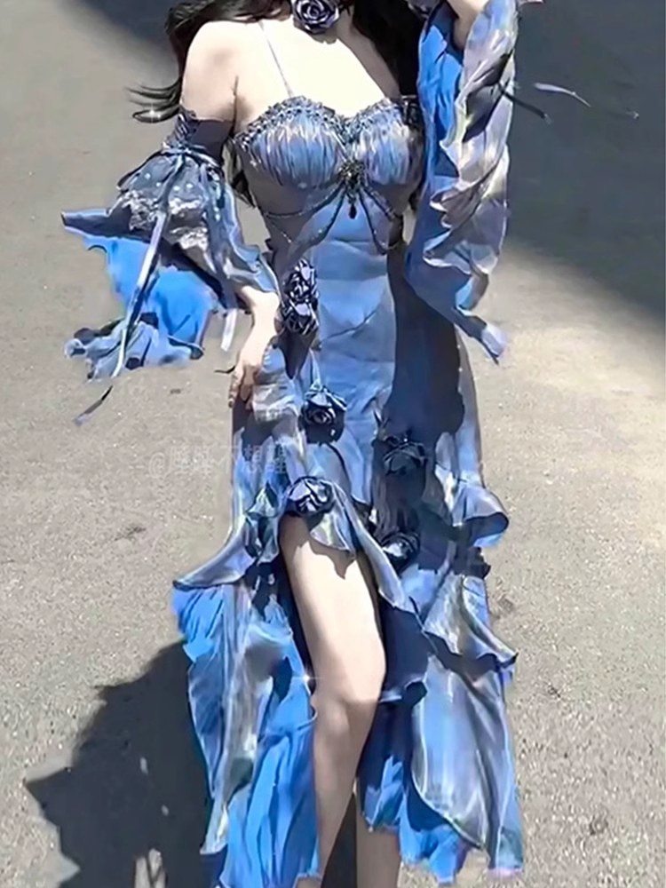 Pretty Sheath Irregular Ruffled Spaghetti Straps Women'S Blue Long Birthday Party Dresses Main image