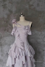 Pretty Irregular Ruffled Suspender Formal Prom Dress With Detachable Rose Long Birthday Dress For Women