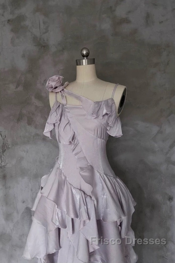 Pretty Irregular Ruffled Suspender Formal Prom Dress With Detachable Rose Long Birthday Dress For Women
