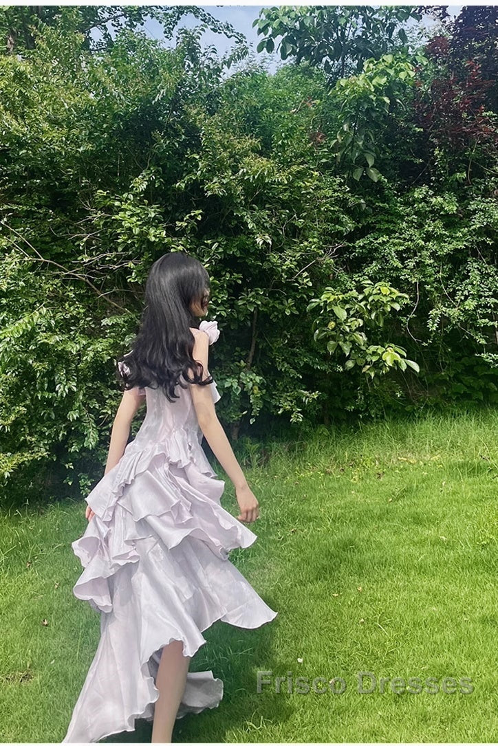Pretty Irregular Ruffled Suspender Formal Prom Dress With Detachable Rose Long Birthday Dress For Women