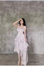 Pretty Irregular Ruffled Suspender Formal Prom Dress With Detachable Rose Long Birthday Dress For Women