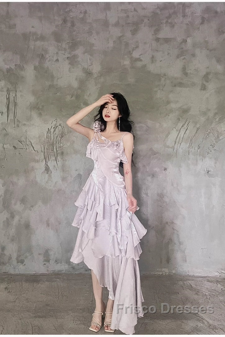 Pretty Irregular Ruffled Suspender Formal Prom Dress With Detachable Rose Long Birthday Dress For Women