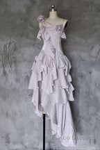 Pretty Irregular Ruffled Suspender Formal Prom Dress With Detachable Rose Long Birthday Dress For Women
