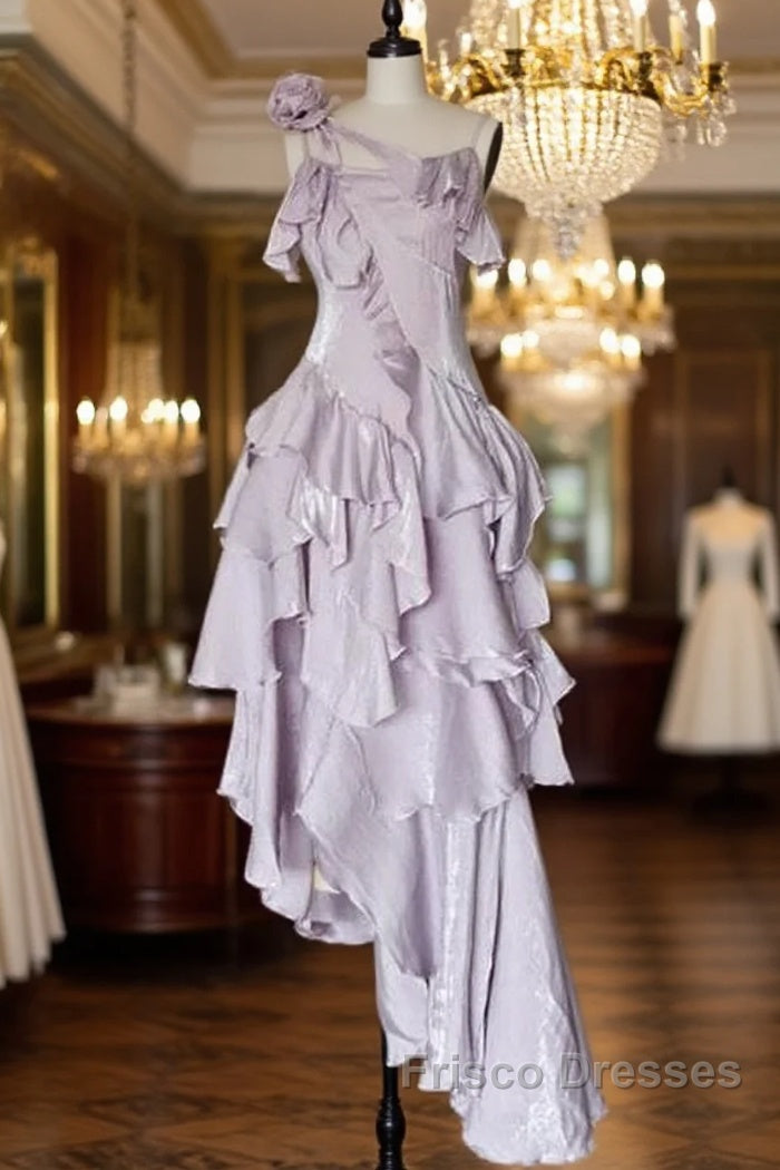 Pretty Irregular Ruffled Suspender Formal Prom Dress With Detachable Rose Long Birthday Dress For Women Main image