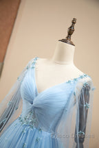 Pretty Light Blue A-Line Puffy Sleeves Party Dress, Light Blue Evening Dress Formal Prom Dress
