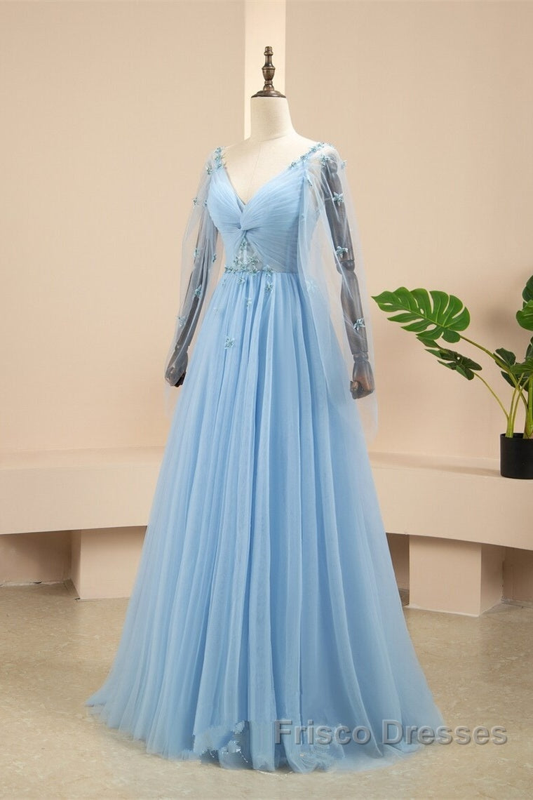 Pretty Light Blue A-Line Puffy Sleeves Party Dress, Light Blue Evening Dress Formal Prom Dress