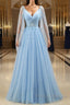 Pretty Light Blue A-Line Puffy Sleeves Party Dress, Light Blue Evening Dress Formal Prom Dress
