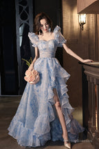 Pretty Light Blue Floral Short Sleeves Long Prom Dress, Light Blue Evening Dress