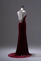 Pretty Mermaid Burgundy Velvet Long Backless Evening Dress Formal Prom Dress