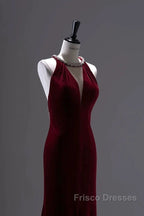 Pretty Mermaid Burgundy Velvet Long Backless Evening Dress Formal Prom Dress