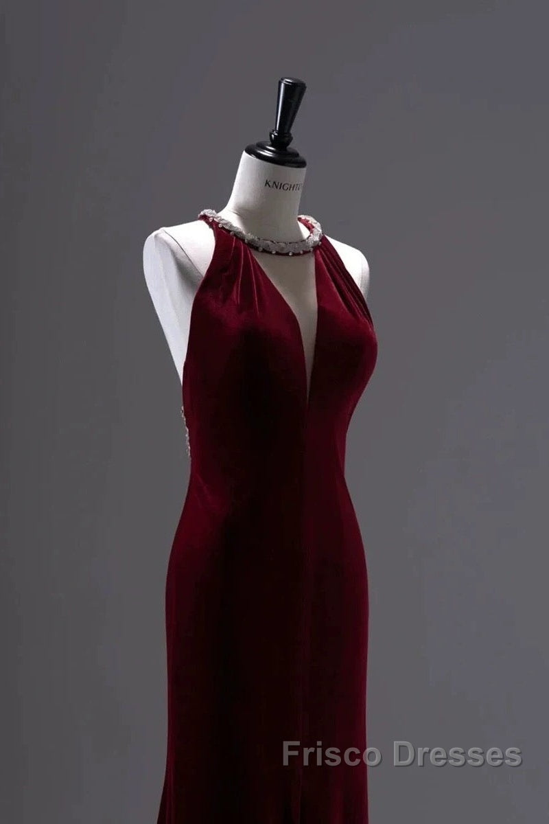 Pretty Mermaid Burgundy Velvet Long Backless Evening Dress Formal Prom Dress