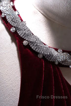 Pretty Mermaid Burgundy Velvet Long Backless Evening Dress Formal Prom Dress